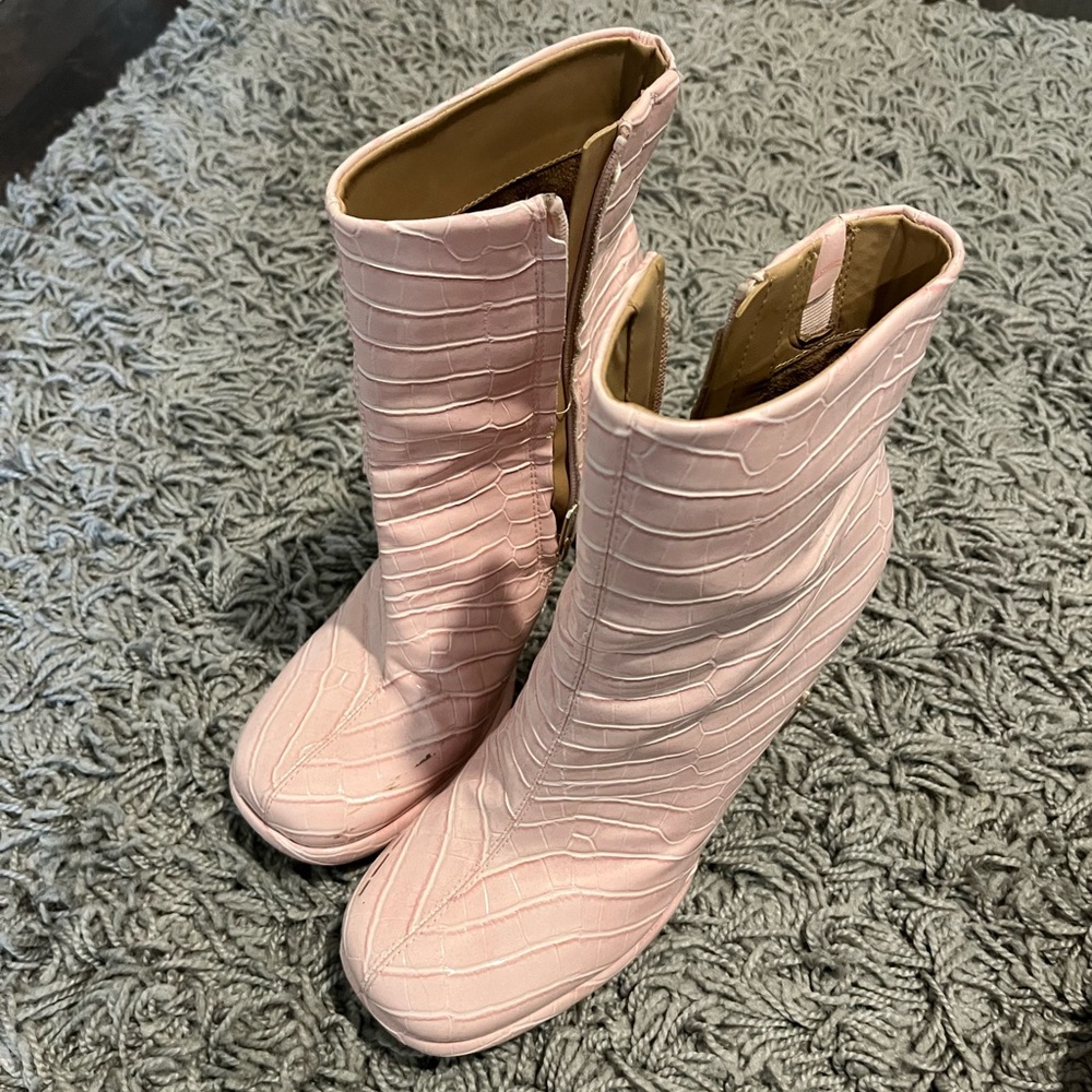 Pink Croc-Embossed Ankle Boots